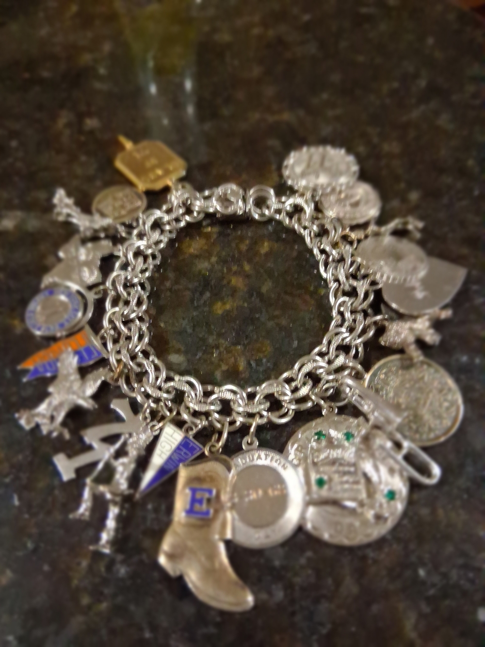 Elco Sterling Silver Charm Bracelet with Blue Enamel Accents W/ 21 Charms 2.9oz